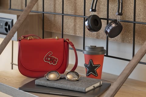 Desk, laptop workspace, blackout drapes, soundproofing