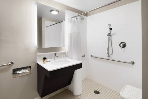 Combined shower/tub, free toiletries, hair dryer, towels