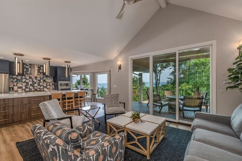 Open area with kitchen and patio