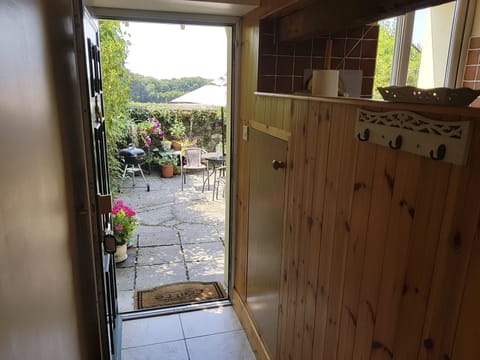 Looking out the front door to the private patio