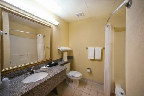 Combined shower/tub, free toiletries, hair dryer, towels