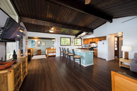 Open concept living room, kitchen space.