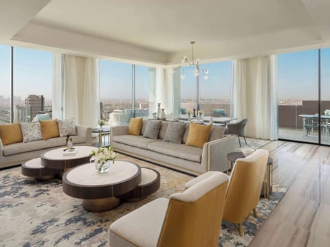 Fairmont Family Suite Three Bedroom with Terrace, Corner Multiple Sky View | Premium bedding, down comforters, pillowtop beds, minibar