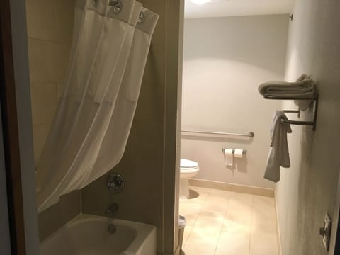 Room, 1 Double Bed, Accessible, Non Smoking (Roll-In Shower) | Bathroom | Combined shower/tub, hair dryer, towels