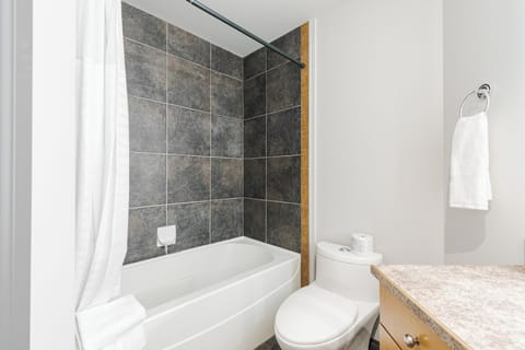 Combined shower/tub, free toiletries, hair dryer, towels