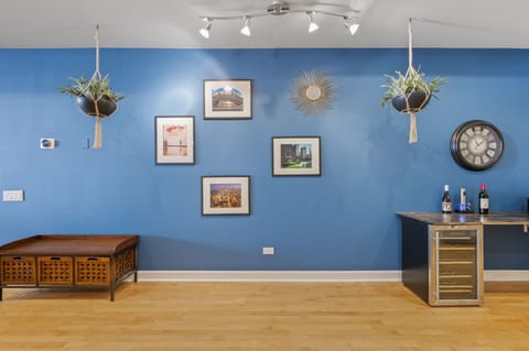 Our living room complete with pictures of iconic chicago landmarks!