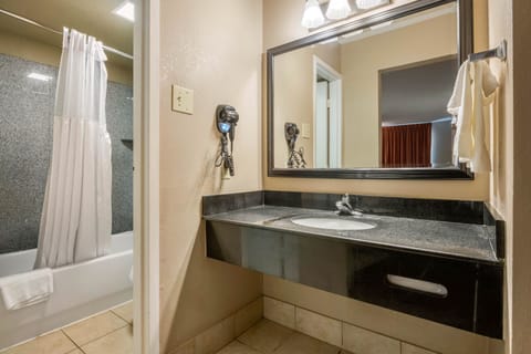Separate tub and shower, hydromassage showerhead, designer toiletries