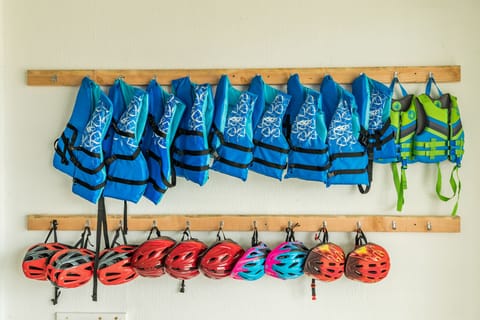 Plenty of bike helmets and life jackets for the family!