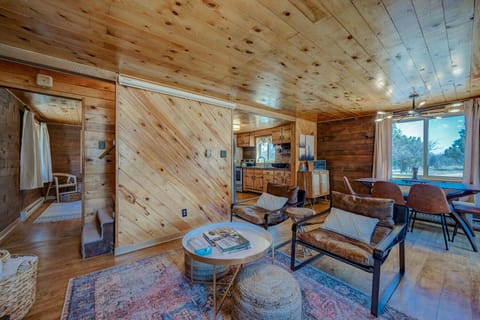 Relax in the leather slingback chairs while you enjoy a fire in the wood pellet stove