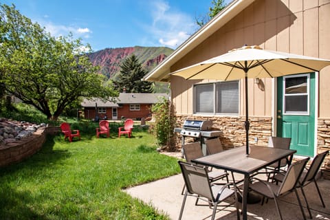 Backyard dining area with lawn seating