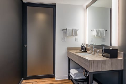 Shower, rainfall showerhead, designer toiletries, hair dryer