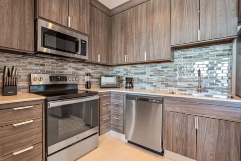 Two Bedroom Bay View Condo | Private kitchen | Full-size fridge, microwave, stovetop, dishwasher