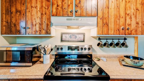 Our kitchen features stainless steel appliances.