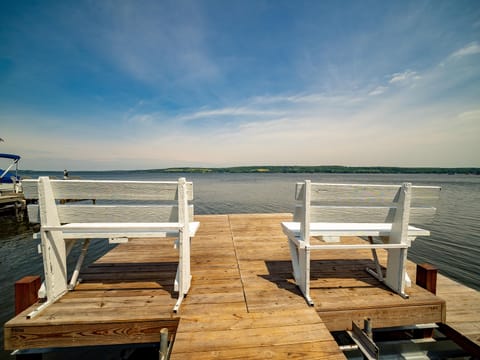 Two levels to the deck, lower level is perfect for swimming off of!