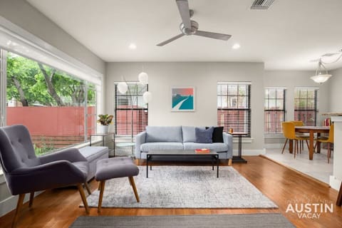 Spacious living room with large smart TV