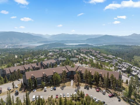 Aerial view of complex with Lake Dillon in background