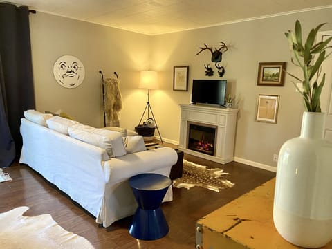 Cozy electric fireplace with multiple life-like flame settings. 