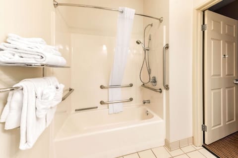 Combined shower/tub, free toiletries, hair dryer, towels