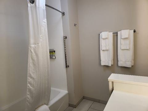 Combined shower/tub, free toiletries, towels, soap