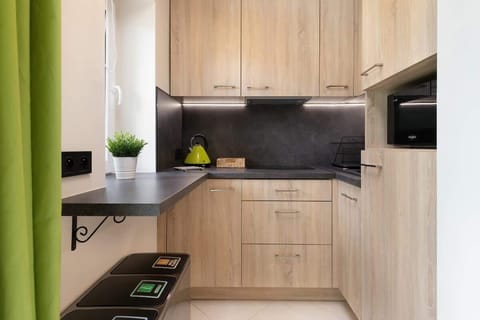 A modern kitchen with light wooden cabinetry, a black countertop, and a minimalist design.