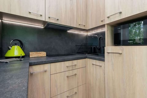 A modern kitchen with light wooden cabinetry, a black countertop, and a minimalist design.