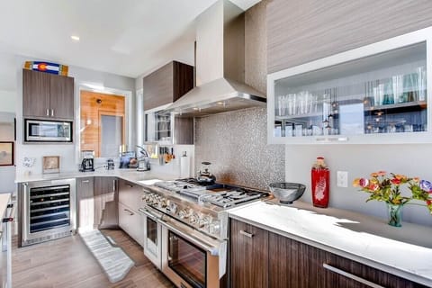 Chef's kitchen with Themador range, wine refrigerator, and Kitchenaid mixer