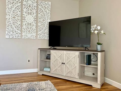 Living room features 55" Roku TV for streaming with fast WiFi