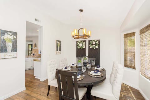 The dining table can seat up to 6