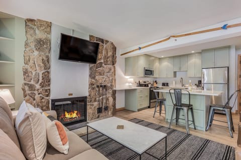 Living area with wood-burning fireplace
