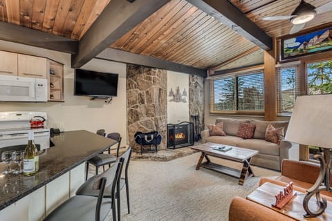 Living room with wood-burning fireplace