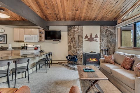 Living room with wood-burning fireplace