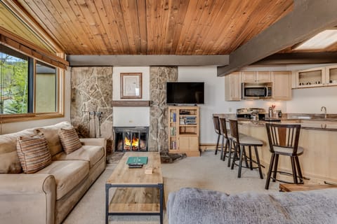 Living room with wood-burning fireplace