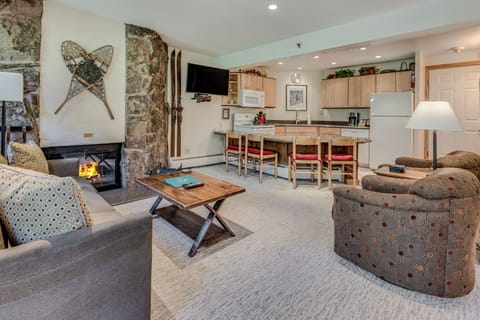 Living room with wood-burning fireplace