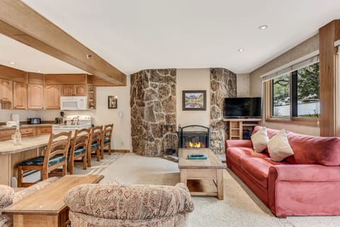 Living room with wood-burning fireplace