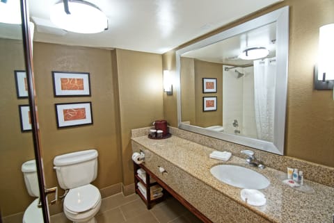 Combined shower/tub, deep soaking tub, designer toiletries, hair dryer