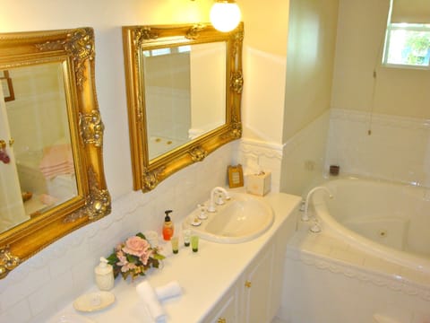 Separate tub and shower, free toiletries, hair dryer, bathrobes