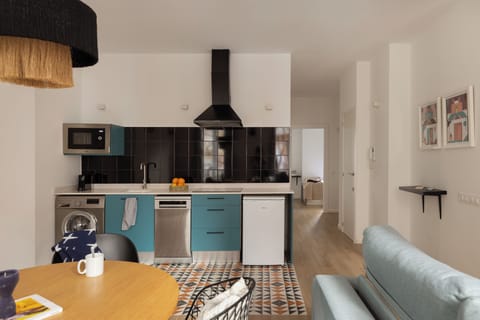 Fridge, microwave, toaster, cookware/dishes/utensils