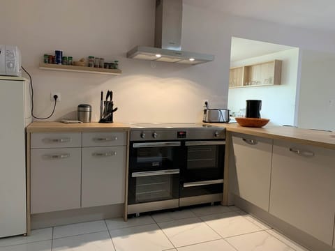 La cuisine piano / micro onde / frigo / table de travail / rangements