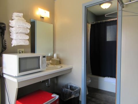 Combined shower/tub, free toiletries, hair dryer, towels