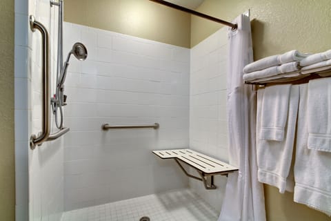 Standard Room, 2 Queen Beds, Accessible (Hearing Accessible, Roll-in Shower) | Bathroom | Combined shower/tub, hair dryer, towels