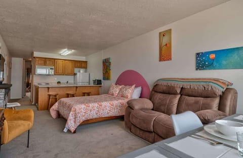 The living room has a queen bed and cozy sofa