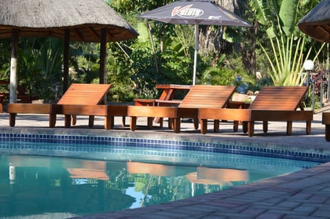 Outdoor pool, pool umbrellas, sun loungers