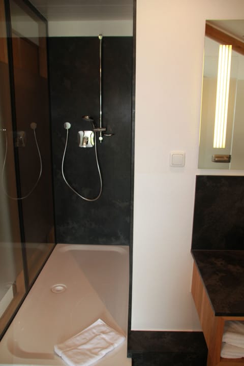 Shower, free toiletries, hair dryer, towels