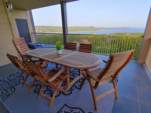 Comfortable seating for 8 for the best view of Lake Travis from the balcony!