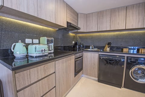 Panoramic Apartment | Private kitchen | Fridge, microwave, oven, stovetop