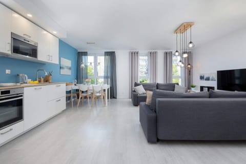 The spacious space harmoniously combines a seating area with two sofas and a flat-screen TV with a kitchenette.