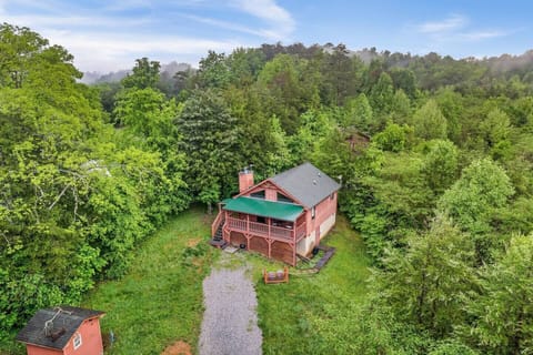 An aerial view shows your cabin surrounded by lush greenery.