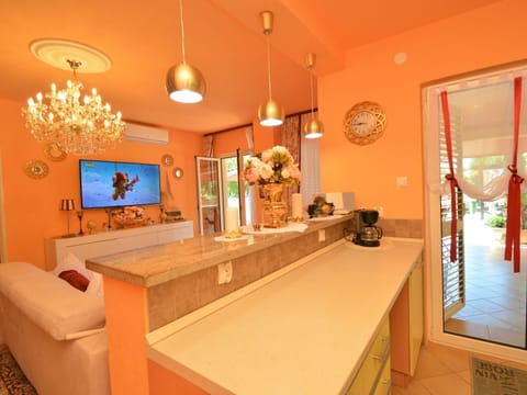 Property, Furniture, Table, Building, Countertop, Plant, Houseplant, Television, Interior Design, Orange
