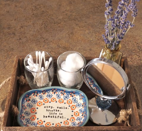 Qtips, cotton balls, spare toothbrushes and toothpaste, blow dryer, curling iron