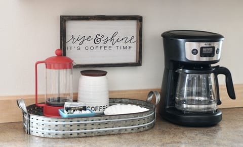 Coffee, tea, sugar, french press, drip coffee machine